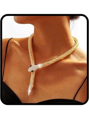 Glam Gold Rhinestone Snake Choker Necklace for Women - Medusa Halloween Jewelry